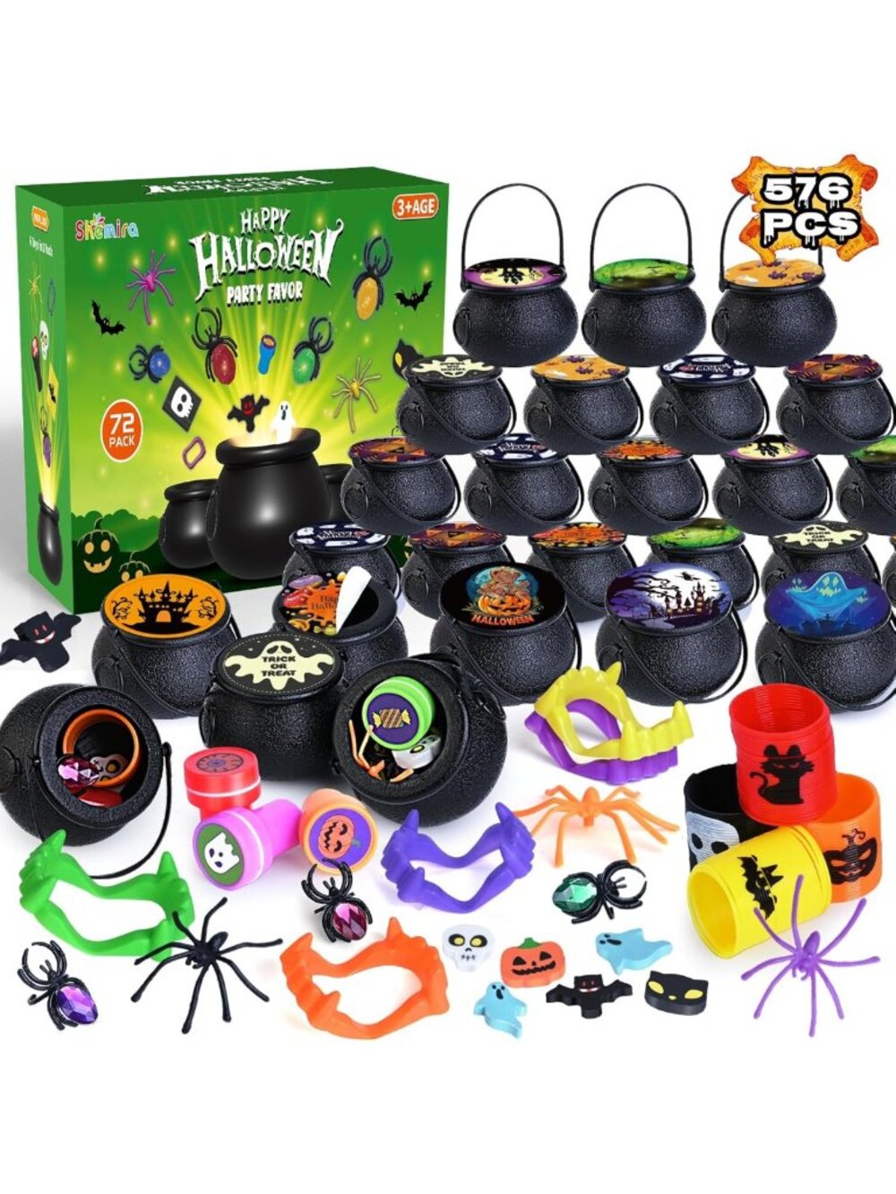 576 PCS Halloween Party Favors - 72 Prefilled Witch Cauldrons with Fun Toys